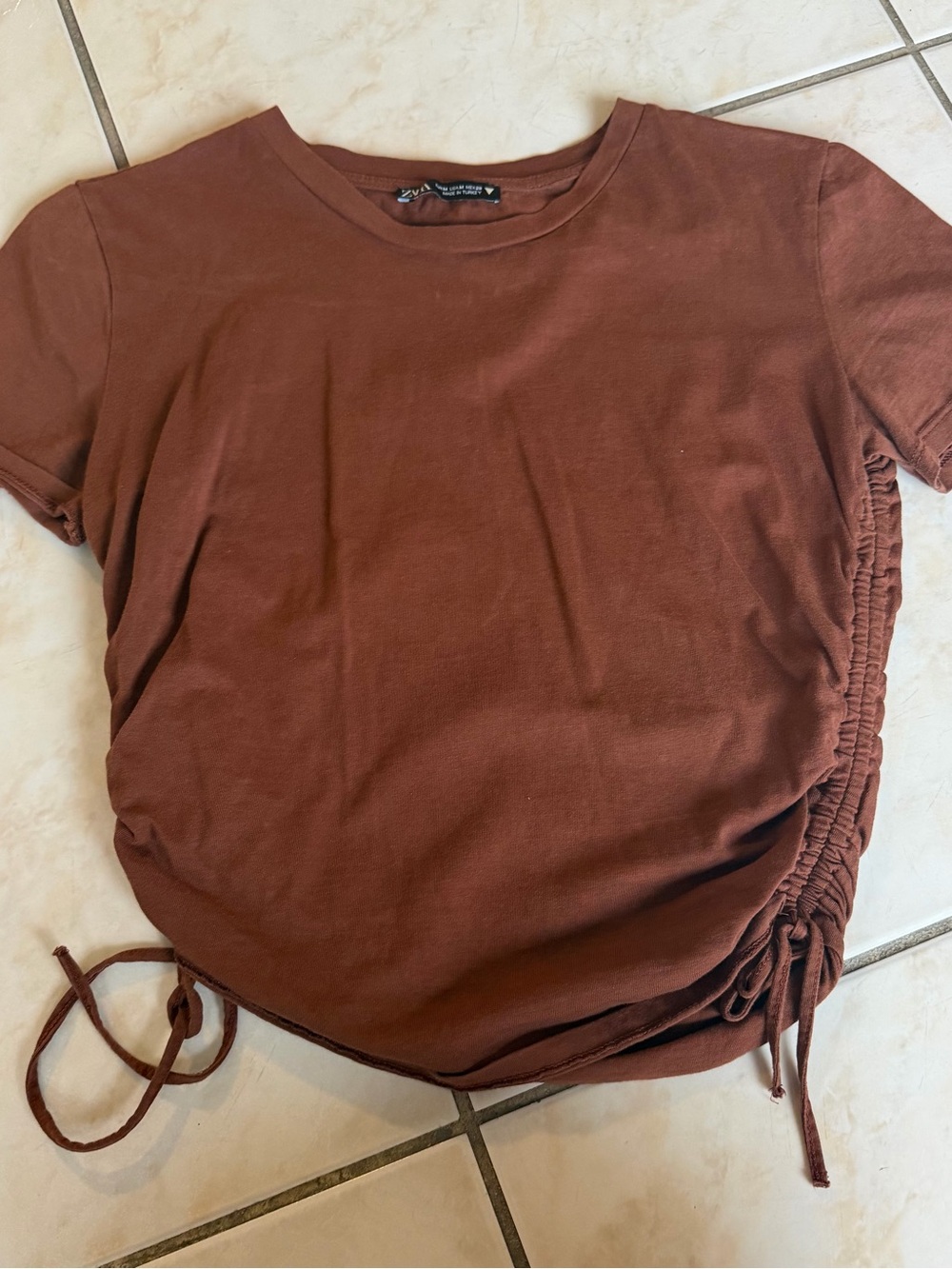 Zara Brown Ruched Side Short Sleeve Tee